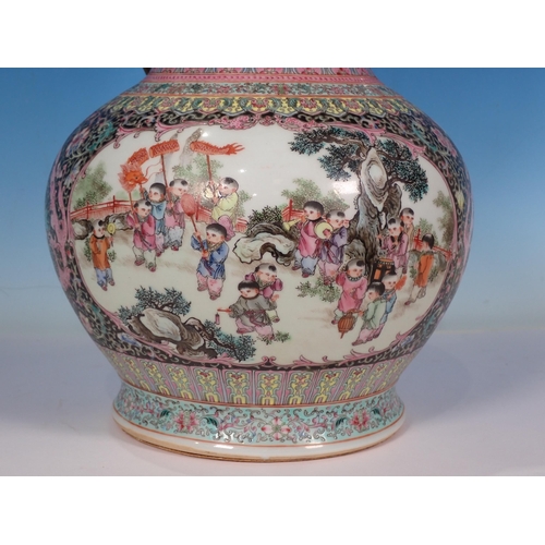 599 - A Chinese two handled Vase converted to a Table Lamp with reserves of figures 14in H (excluding ligh... 