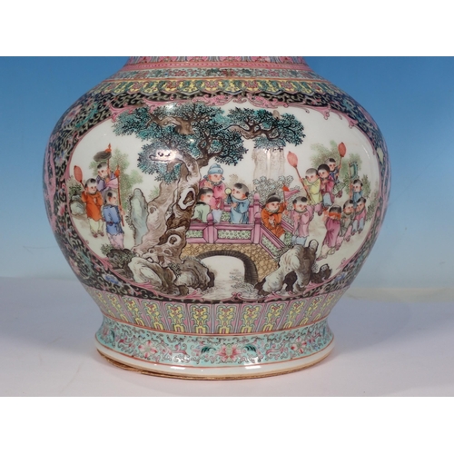 599 - A Chinese two handled Vase converted to a Table Lamp with reserves of figures 14in H (excluding ligh... 