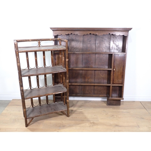 61 - An antique oak Dresser Rack 4ft 4in H x 4ft W and a bamboo open Bookcase 3ft 11in H x 2ft 2in W