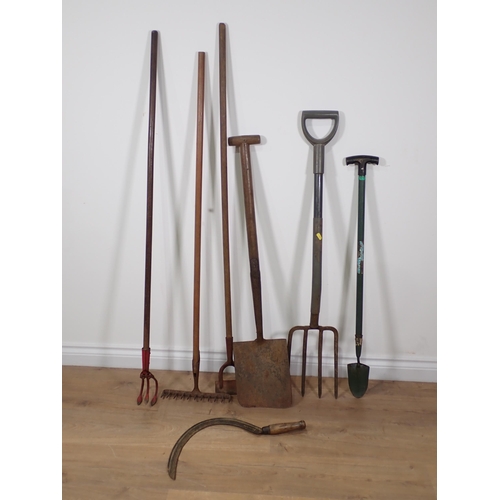 65 - Seven Tools including Hand Scythe, Fork, two Hoes, Rake, etc.