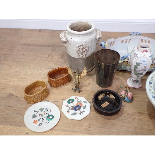 71 - An 18th Century pottery Bidet A/F, a pair of treacle glazed Salts, a delft Vase, stoneware Jar, etc.