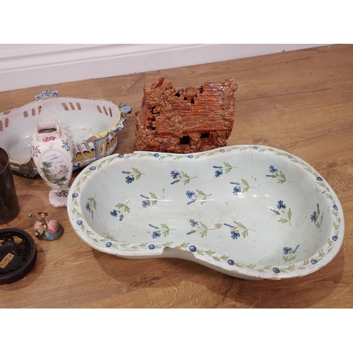 71 - An 18th Century pottery Bidet A/F, a pair of treacle glazed Salts, a delft Vase, stoneware Jar, etc.