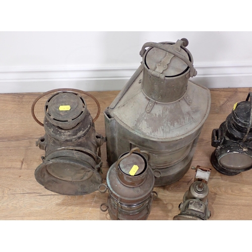 74 - A Ship's Lantern, two Railway Lamps, an 'Anchor' Lamp and a Bike Lamp and an upholstered Stool/Lugga... 