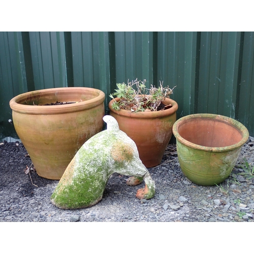 754 - Two terracotta Planters, another Pot and a Terrier digging garden Ornament