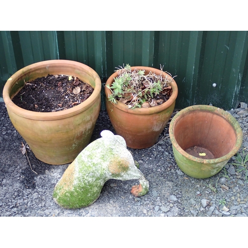 754 - Two terracotta Planters, another Pot and a Terrier digging garden Ornament