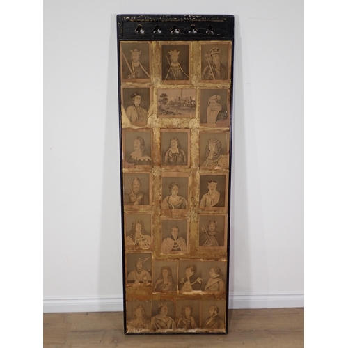 9 - An antique black painted two panel Dressing Screen with trefoil pierced frieze decorated with decoup... 