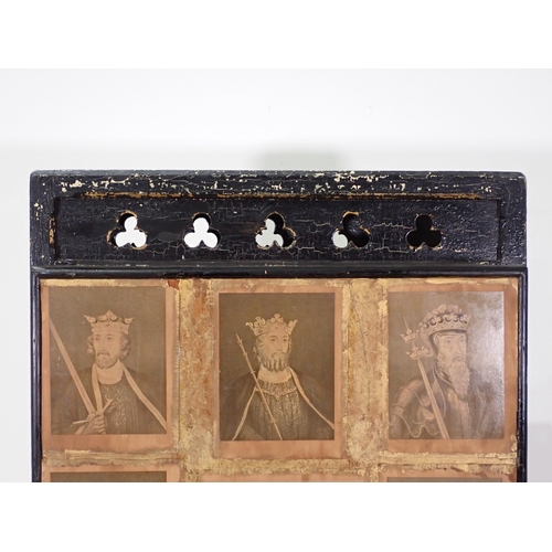 9 - An antique black painted two panel Dressing Screen with trefoil pierced frieze decorated with decoup... 