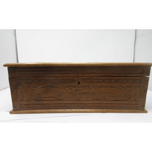 100 - An Eastern hardwood Box carved mythical dragons, 16 x 10in and a cross-banded oak Writing Slope, 12i... 