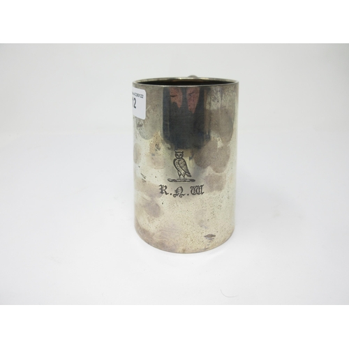 112 - A silver Mug engraved crest and initials, Birmingham circa 1920