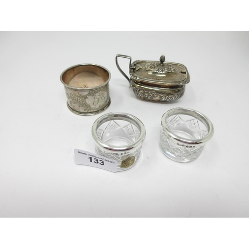 133 - A Victorian silver Mustard Pot scroll embossed, Birmingham 1898, pair of silver mounted glass Salts,... 