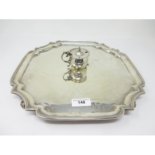 148 - A George VI silver shaped square Salver on four scroll feet, Birmingham 1939, 11 1/2in, 930gms and a... 