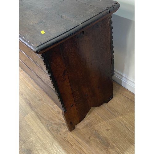 18 - A 17th Century oak six plank boarded Coffer with moulded plank lid above channel moulded front with ... 