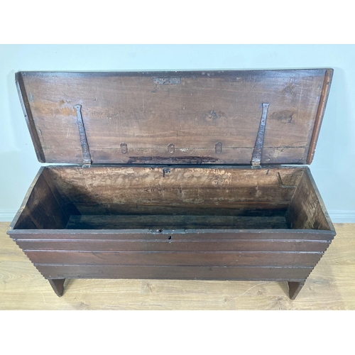 18 - A 17th Century oak six plank boarded Coffer with moulded plank lid above channel moulded front with ... 