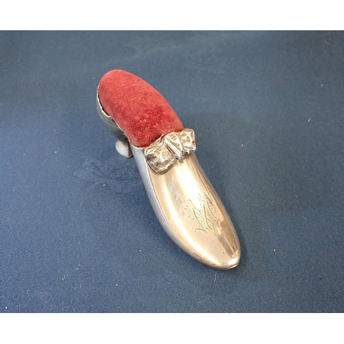 215 - A silver Shoe Pin Cushion engraved M,