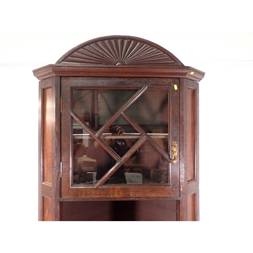 24 - An oak and glazed standing Corner Cabinet with fan surmount 7ft 2in H x 3ft W