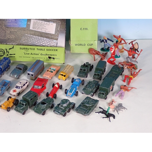 258 - A box of play worn Lesney Matchbox and other diecast models, boxed Subbuteo World Cup, boxed 'Live A... 