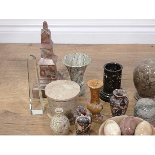 270 - A box of marble Ornaments including Vases and lidded Pot and a case of Mineral Specimens