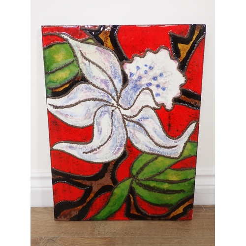 284 - A Ruscha floral painted ceramic Panel and two metal magnetic Calendars