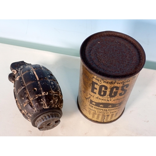 291 - A de-activated training Grenade, a vintage Tin of dried eggs and a collection of Ration Books