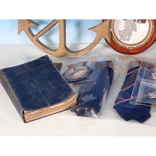 292 - A box of Naval items including metal Anchor Wall Decoration, Tankard, Ties, Tri-ang model Ships, etc... 