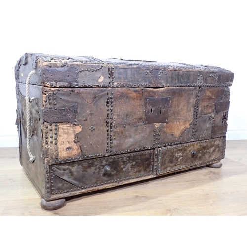 30 - A 17th Century and later dome topped Trunk fitted two drawers to base with iron bracing and studded ... 