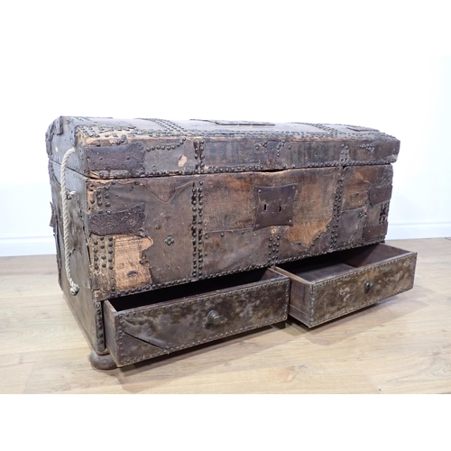 30 - A 17th Century and later dome topped Trunk fitted two drawers to base with iron bracing and studded ... 