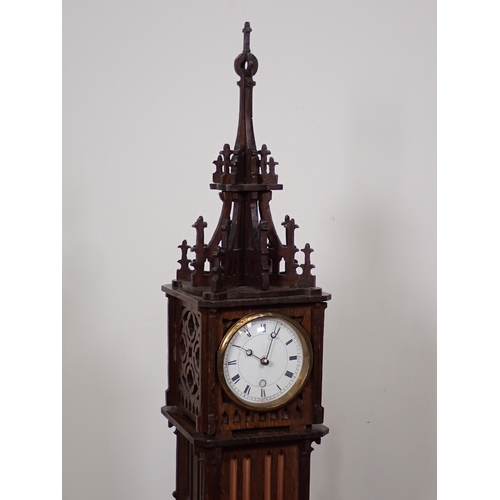 334 - An oak architectural Clock in the form of Big Ben with pierced Gothic decoration on plinth base 3ft ... 