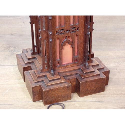 334 - An oak architectural Clock in the form of Big Ben with pierced Gothic decoration on plinth base 3ft ... 