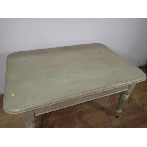 355 - A painted rectangular Kitchen Table with moulded rectangular top on turned supports and casters, 4ft... 