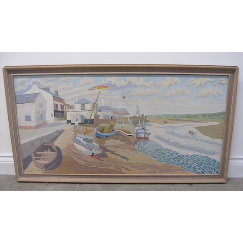 411 - ROBERT CLITHEROW. Beached boats on the shore at Rowhedge, signed and dated 1972, and inscribed on ar... 