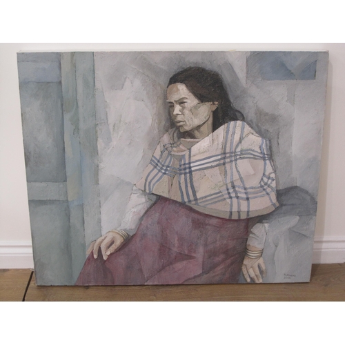 419 - ROBERT JENKINS Portrait of a Woman seated, signed, oil on canvas, unframed, 30 x 36in