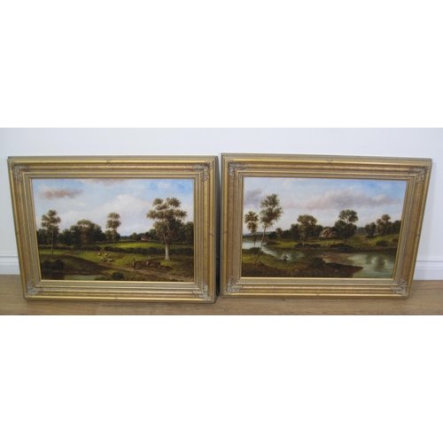 433 - G. THOMPSON By a River; and On a Country Track, signed, oil on canvas, 16 x 24in; a pair(2)