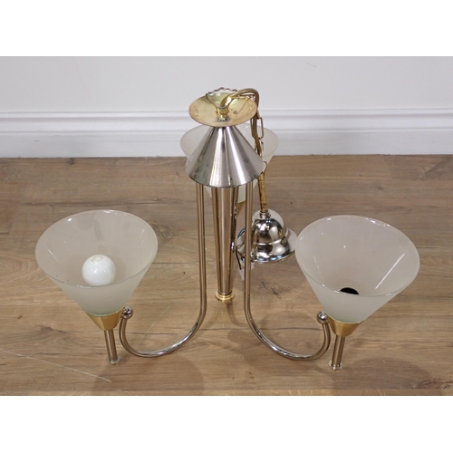 456 - A pair of modern brass three branch ceiling Lights with glass shades 1ft 6in