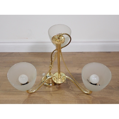 456 - A pair of modern brass three branch ceiling Lights with glass shades 1ft 6in