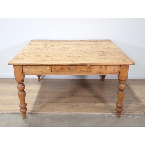 472 - A Victorian pine square Kitchen Table fitted single drawer mounted upon turned supports 4ft 8in W x ... 