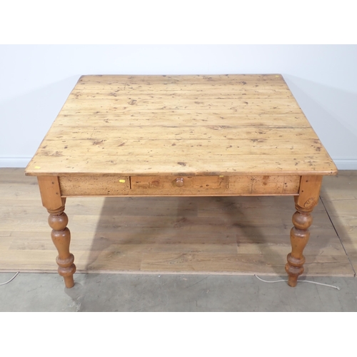 472 - A Victorian pine square Kitchen Table fitted single drawer mounted upon turned supports 4ft 8in W x ... 