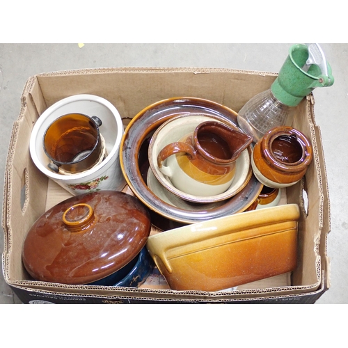 478 - A box of Pottery including green glazed Jardinière, Bowls, Jug, etc.