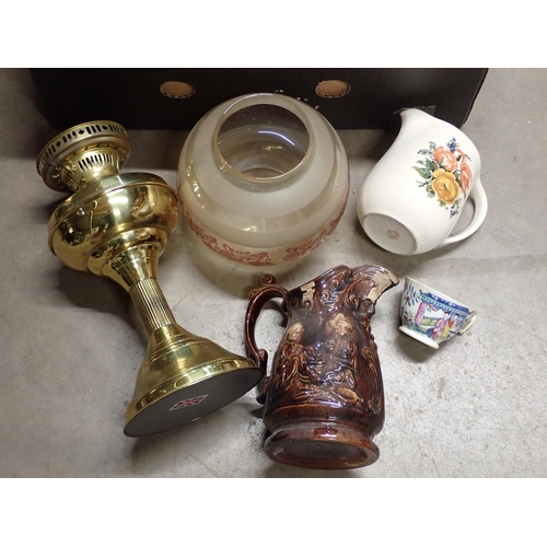 482 - Two boxes of ceramics and glassware including brass Oil Lamp, Jugs, Bowls, Comports, Drinking Glasse... 