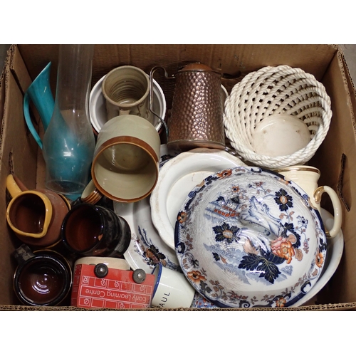 482 - Two boxes of ceramics and glassware including brass Oil Lamp, Jugs, Bowls, Comports, Drinking Glasse... 