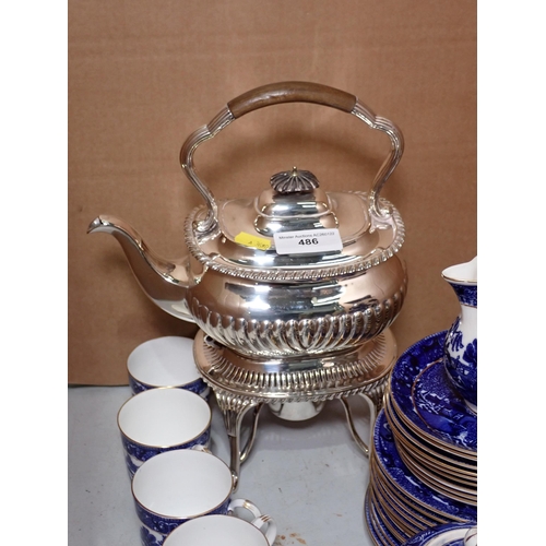 486 - A Coalport blue and white Tea Service and a plated Spirit Kettle on stand