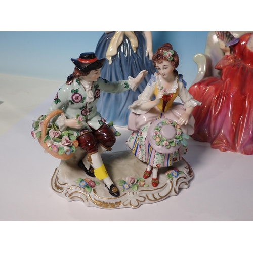 489 - Three Royal Doulton Figurines including 'Sweet & Twenty', 'Southern Belle' and 'Adrienne', a Contine... 