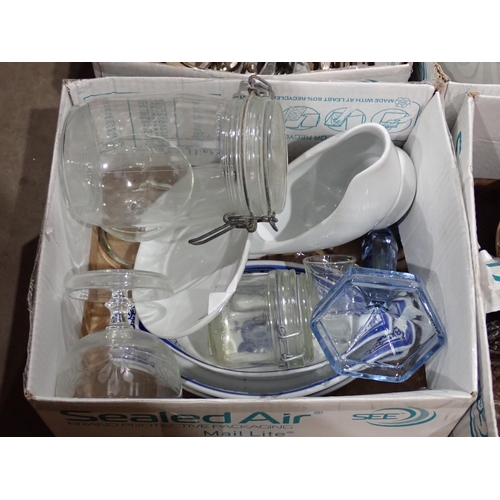 493 - Seven boxes of assorted items including glass Table Lamp, Crocodile skin Handbag, plated Cutlery, Pi... 