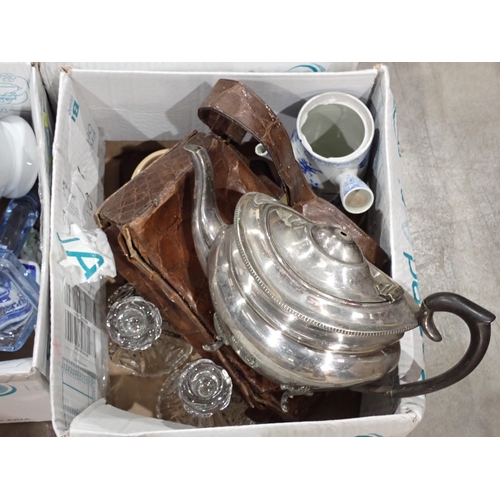 493 - Seven boxes of assorted items including glass Table Lamp, Crocodile skin Handbag, plated Cutlery, Pi... 