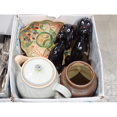 493 - Seven boxes of assorted items including glass Table Lamp, Crocodile skin Handbag, plated Cutlery, Pi... 