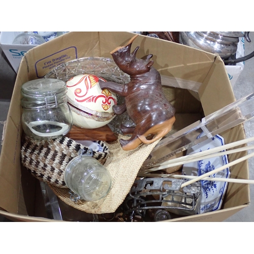 493 - Seven boxes of assorted items including glass Table Lamp, Crocodile skin Handbag, plated Cutlery, Pi... 