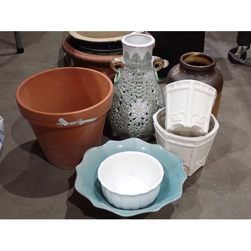 494 - Two boxes of ceramics and drinking glasses , three Plant Pots and a stoneware Jar