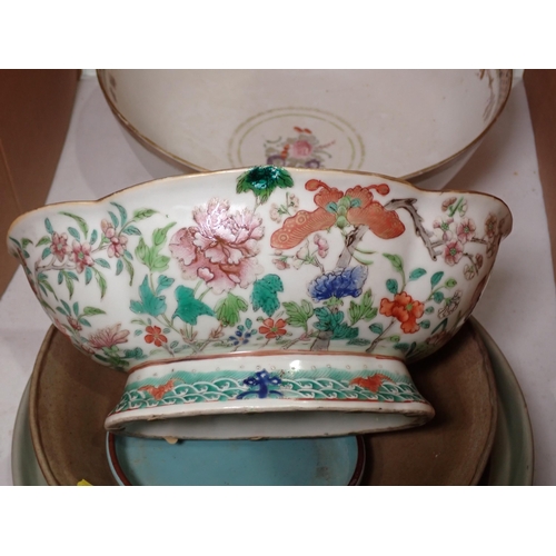 496 - A Chinese famille rose decorated Dish, a Bowl and various green and brown glazed Chinese pottery Bow... 