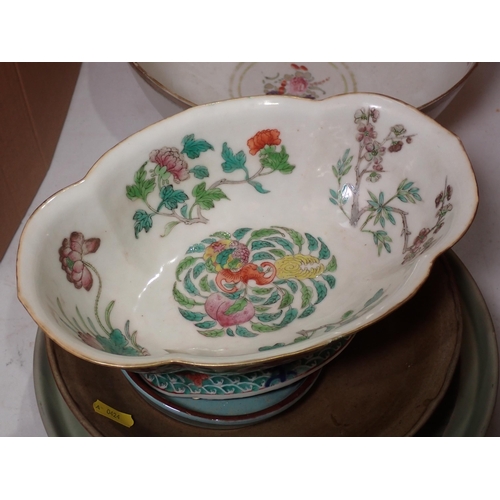 496 - A Chinese famille rose decorated Dish, a Bowl and various green and brown glazed Chinese pottery Bow... 