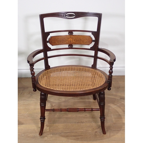 50 - An ash winged Elbow Chair with turned spindle back and rush seat and a Victorian mahogany and rosewo... 