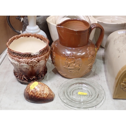 500 - Two Jelly Moulds A/F, stoneware Hot Water Bottle, Doulton Jug, etc.